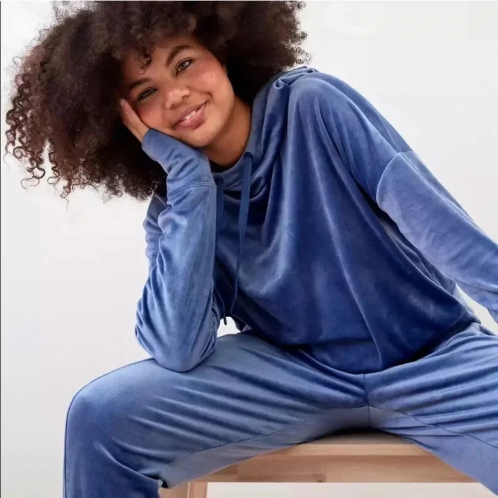 Offline by Aerie Blue Cropped Velour Hoodie XL - Picture 2 of 10